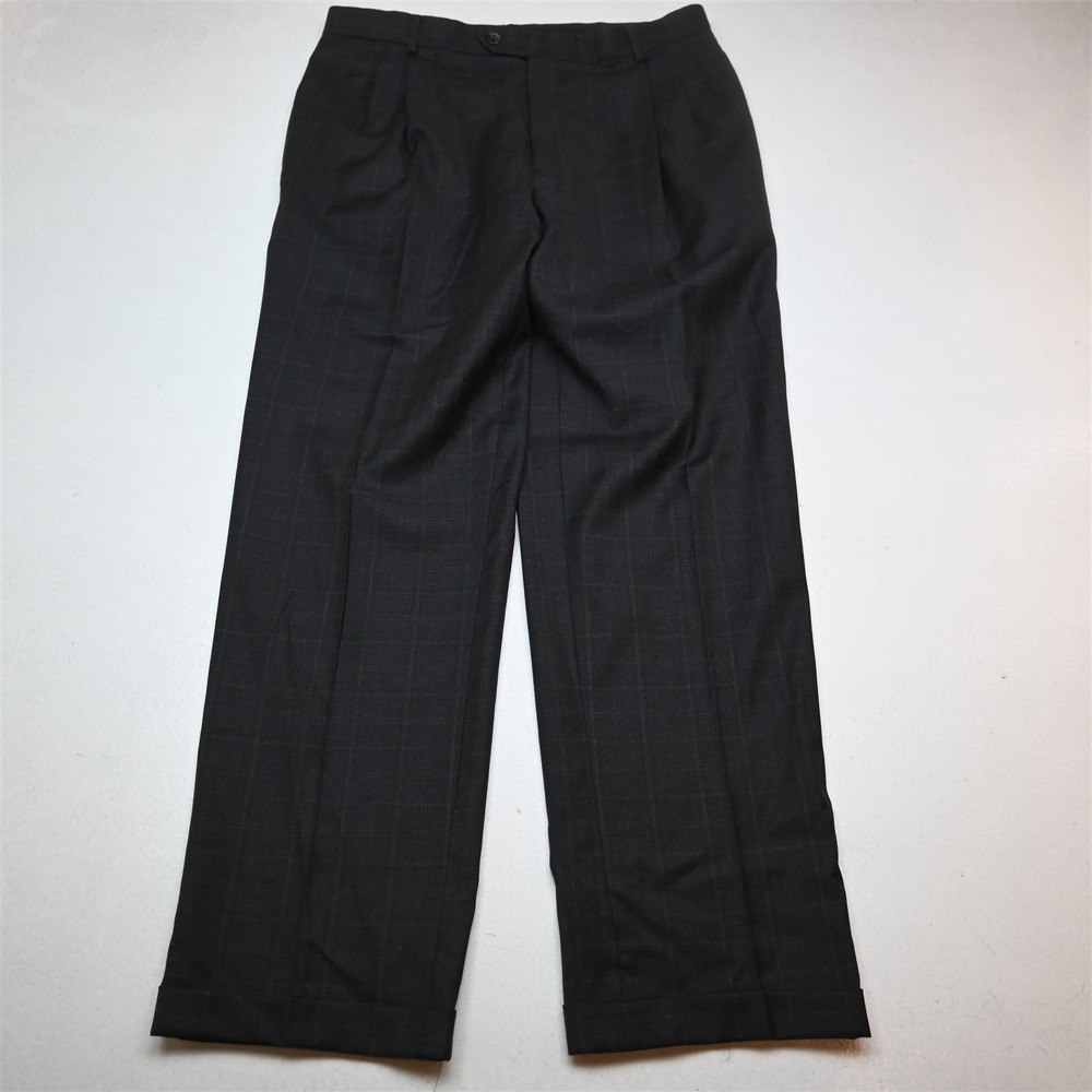 Bespoke 34x32 Gray Windowpane Flannel Wool Pleated Cuffed Classic Dress Pants